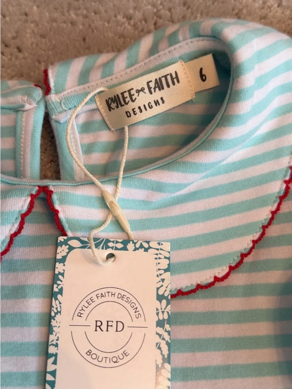 Blue & White Striped Girls Casual Dress with Red Bow Accents